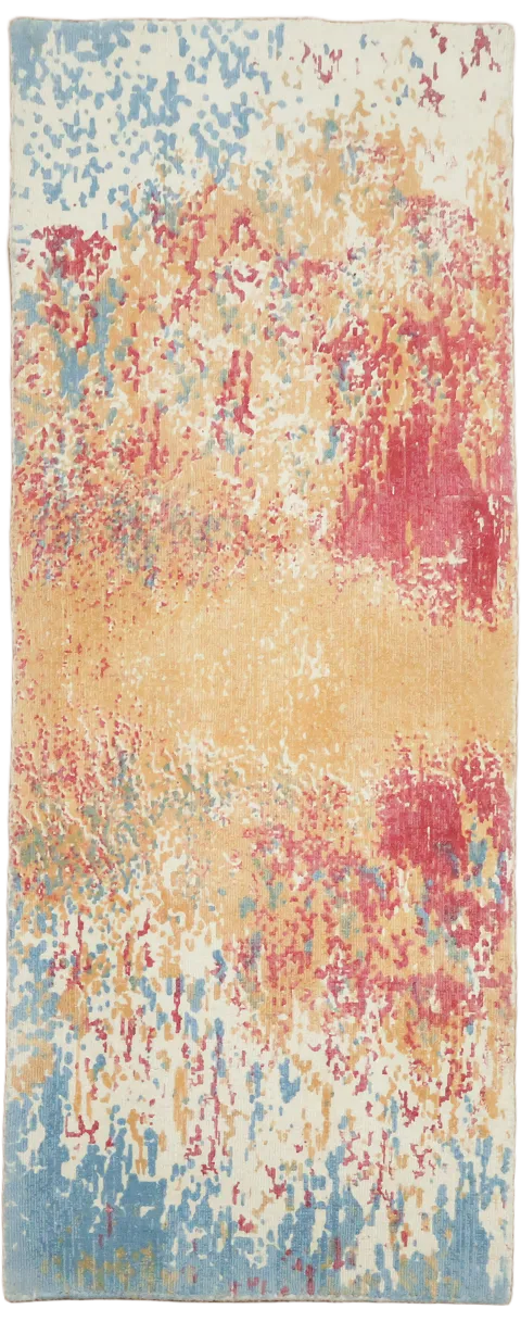 Abstract Cream & Light Blue Hand-Knotted Runner Rug 2x6