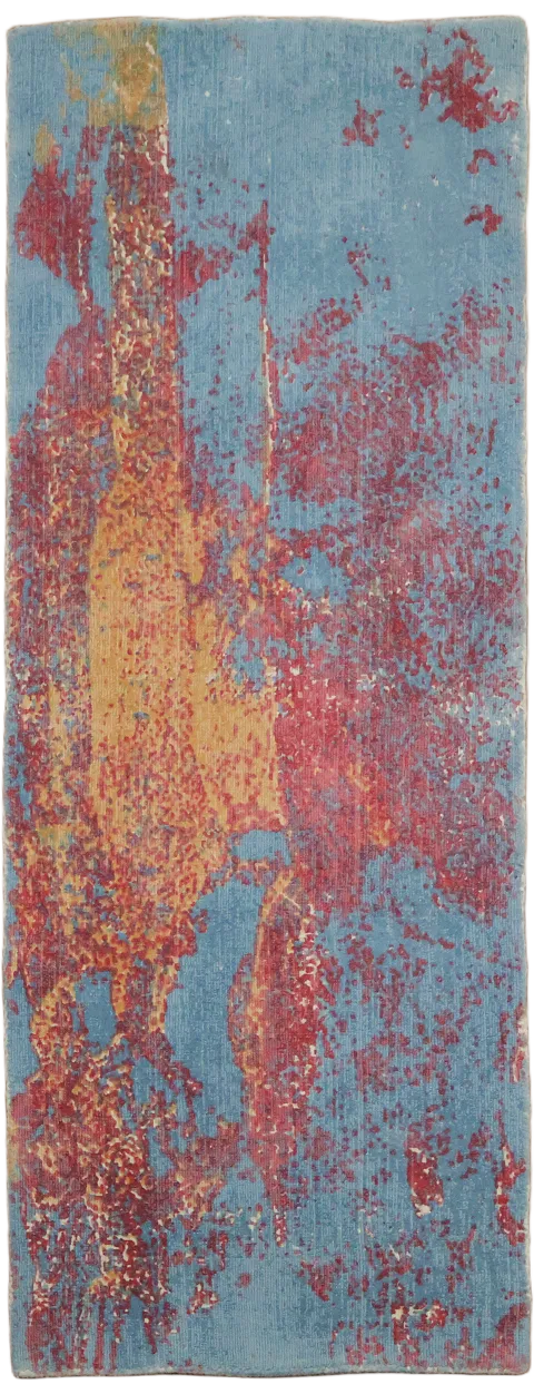 Modern Abstract Runner Rug with a Splash of Blue & Red Tones 2x6
