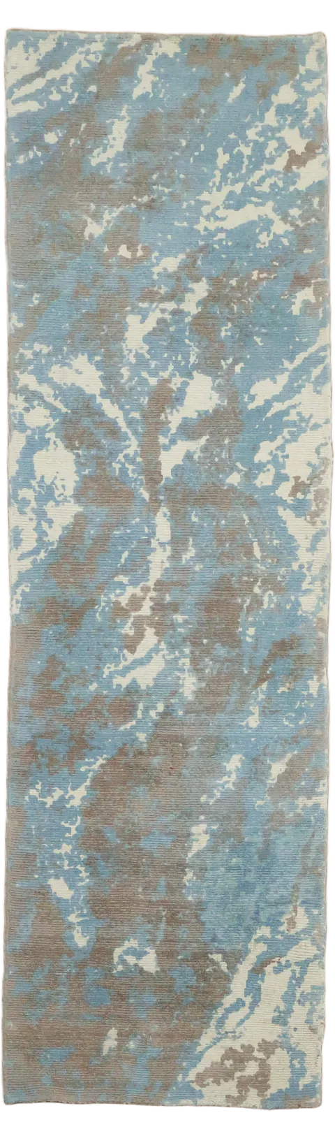 Abstract Hand-Knotted Runner Rug with Blue & Gray Tones 2x7