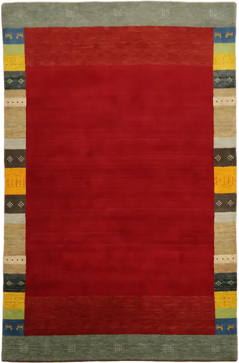 Elegant Red Rug with Artistic Striped Border Embellishments 7'x10'