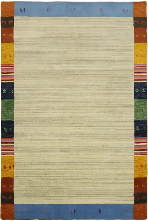 Elegant Beige Central Gabbeh Wool Rug with Vibrant Side Borders 7'x10'