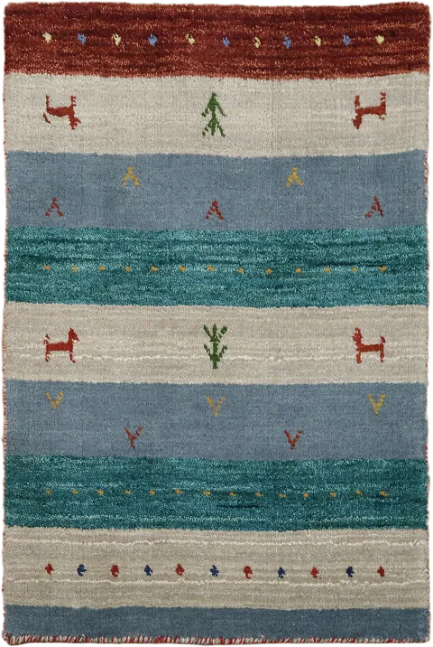 Rust Red & Blue Striped Gabbeh Wool Rug 2x3