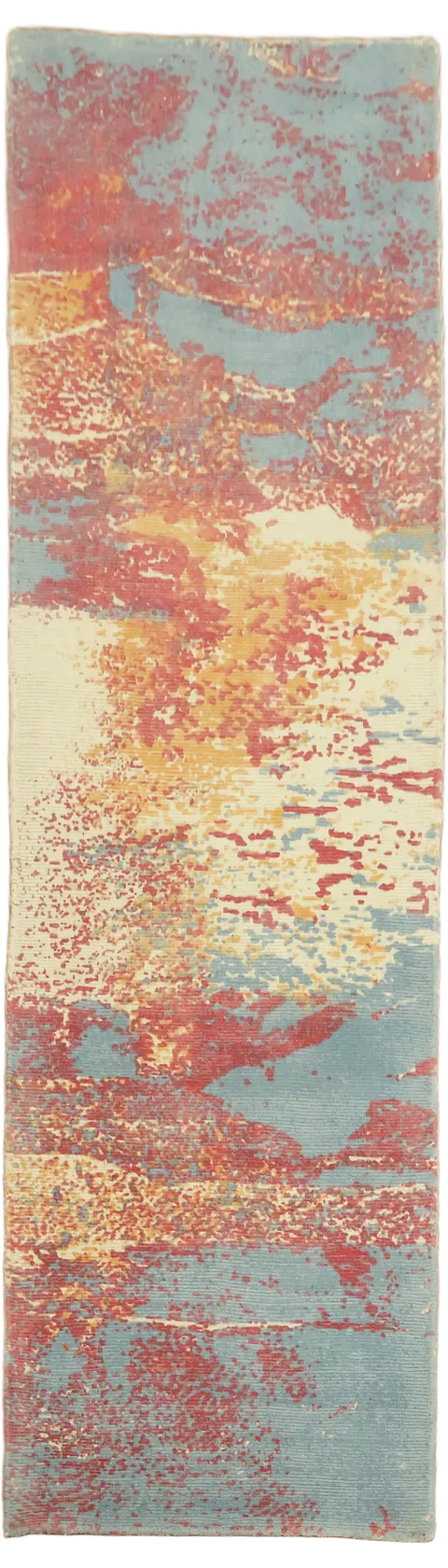 Unique Artistic Rug with Vibrant Blue and Red Accents 2'x7'