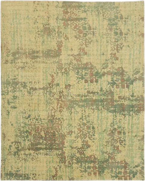 Hand-Knotted Distressed Wool Rug in Beige & Sage Green 8x10