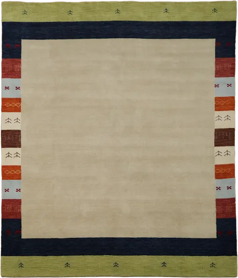 Minimalist Beige Gabbeh Area Rug with Colorful Border 8x10