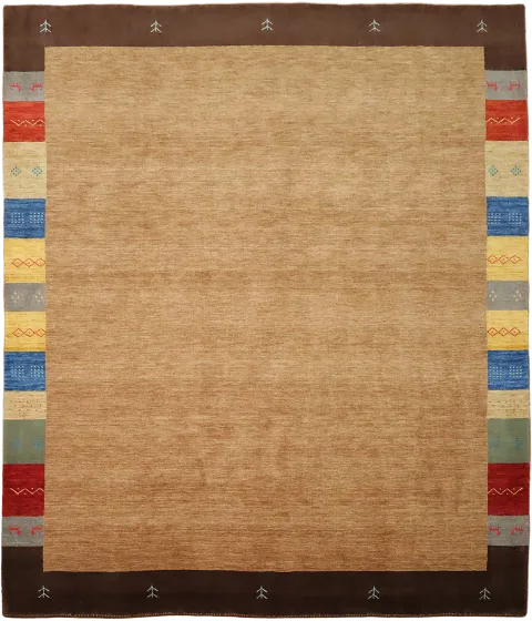 Warm Camel Gabbeh Wool Area Rug with Colorful Border 8x10