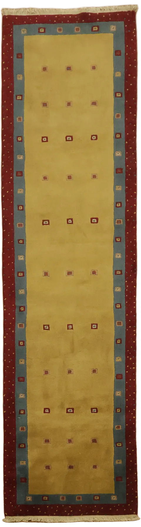 Stylish Plush Nepalese Long Rug with Rich Red and Blue Border Accents 3'x10'
