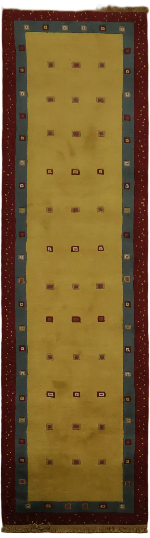 Stylish Handmade Plush Runner with Contemporary Square Motifs 3'x9'