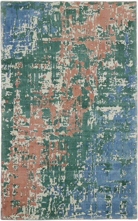 5x8 Coral & Green Modern Abstract Wool Rug