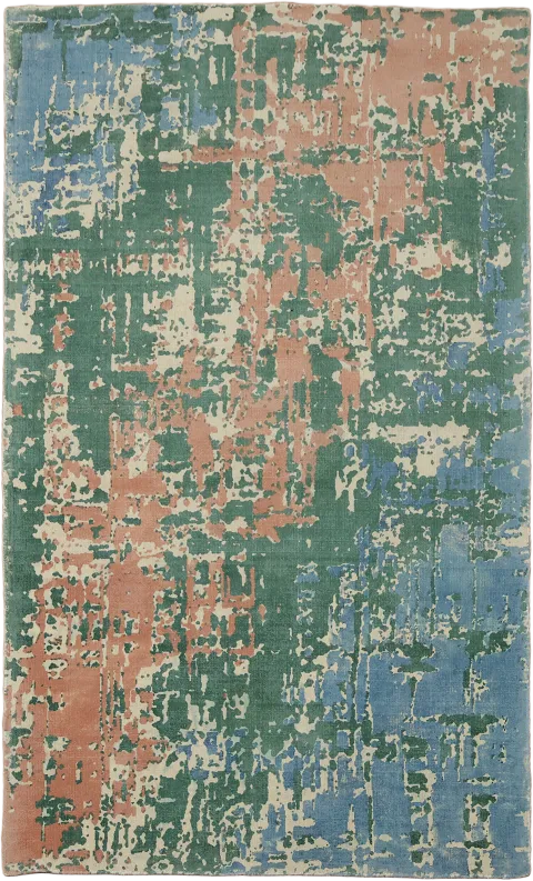 Modern Abstract Area Rug with Green & Terracota Tones 5x8