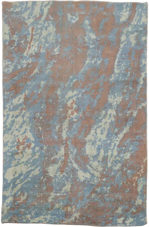 Soothing Blue & Terracotta Abstract Hand-Knotted Rug 4x6