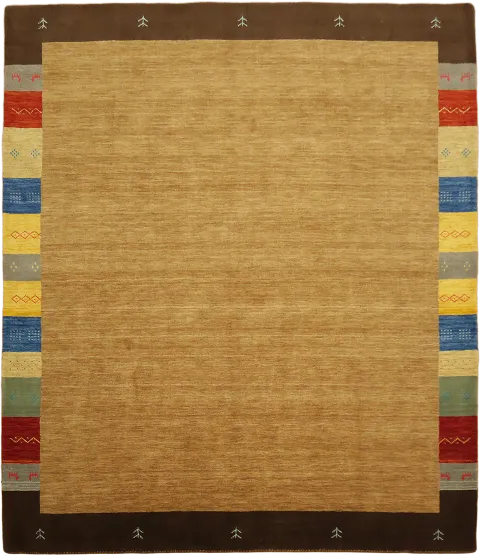 Hand-Knotted Gold Gabbeh Area Rug with Colorful Border 9x11