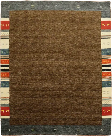 Handcrafted Gabbeh Rug with Warm Brown Center and Vibrant Stripes 8x10