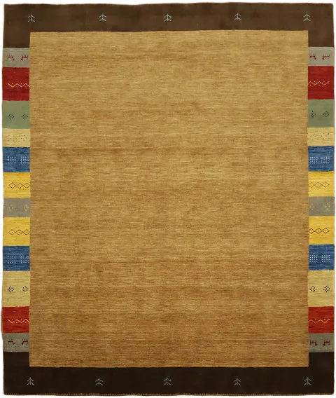 Hand-Knotted Gold Gabbeh Area Rug with Colorful Border 8x10