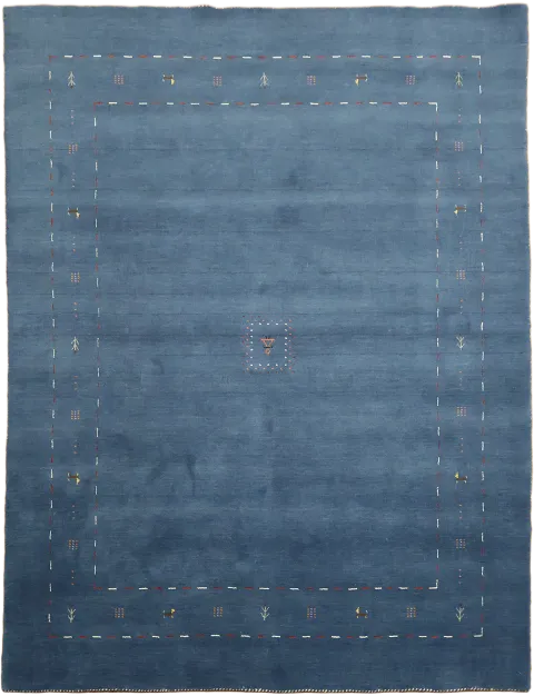 Gabbeh Wool Blue Area Rug Featuring Minimalist Patterned Edges 7x10 ft