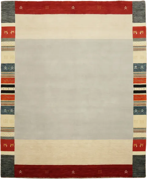 Subtle Center Light Blue and Ivory Gabbeh Rug with Striking Multicolor Edge Details 8x10