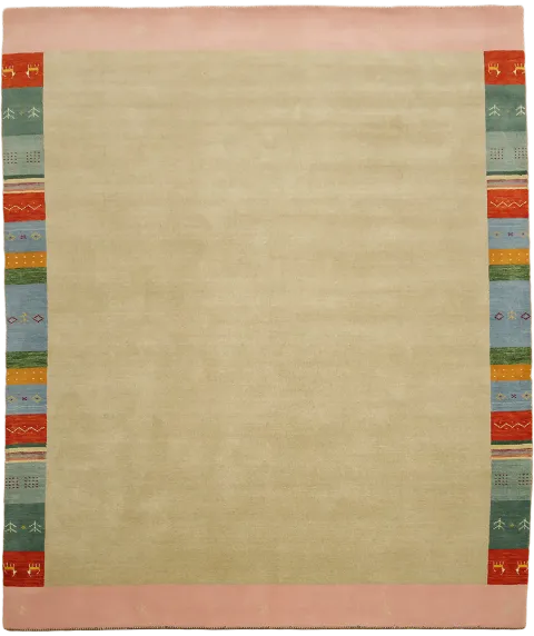 minimalist Beige Gabbeh Rug with colorful geometric border accents 8x10