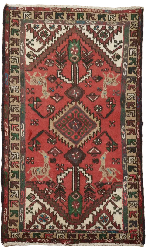 Animal Design Vintage Wool Hamedan Persian Rug 3x4
