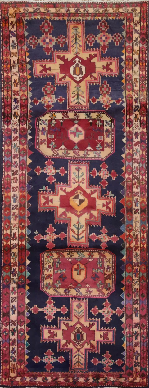 Blue Vintage Wool Ardebil Persian Runner Rug 4x10