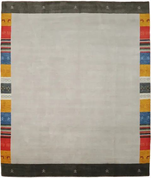 Muted Gray Gabbeh Area Rug wih Colorful Border 8x10