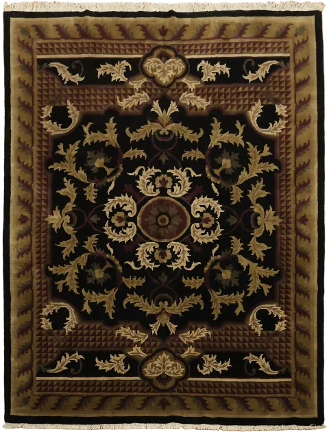 Black and Burgundy Plush Art Deco Baroque Rug with Exquisite Gold Accents  9x12