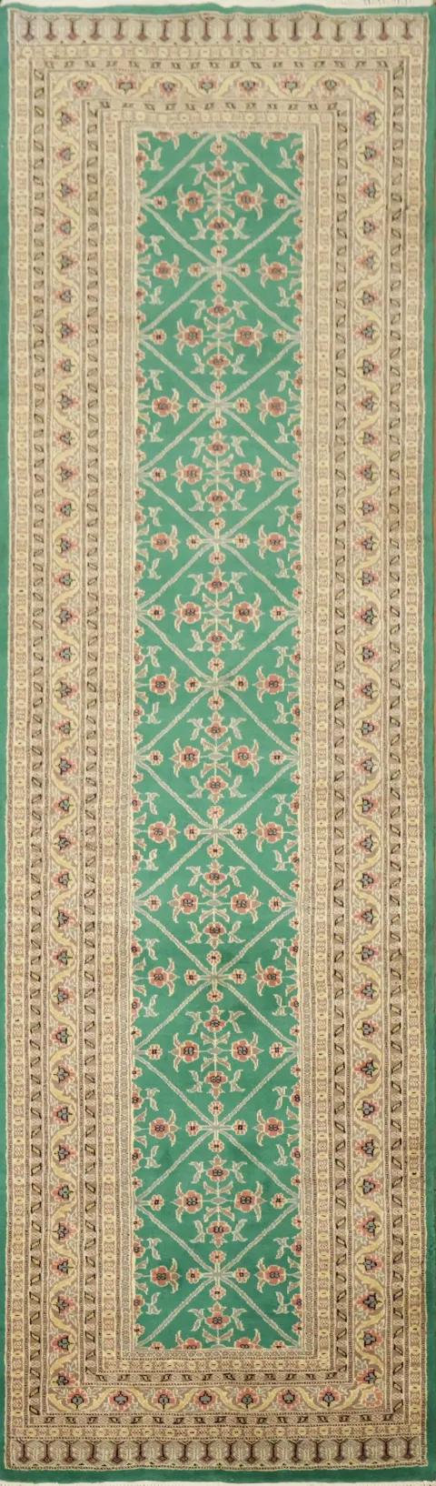 Green Geometric Bokhara Oriental Runner Wool Rug 3x11