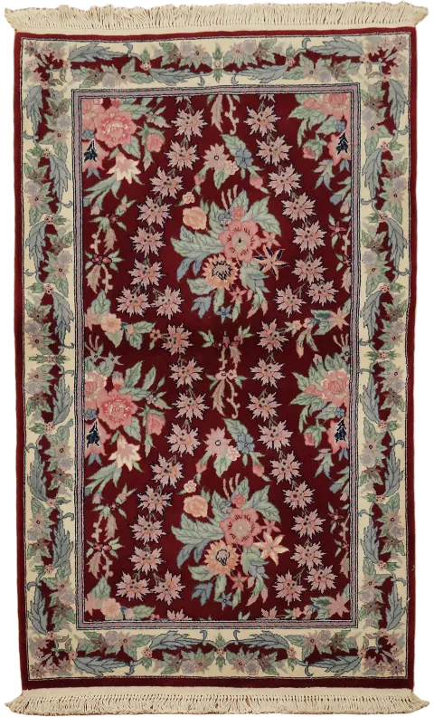 Burgundy Floral Aubusson Oriental Wool Rug 3x5