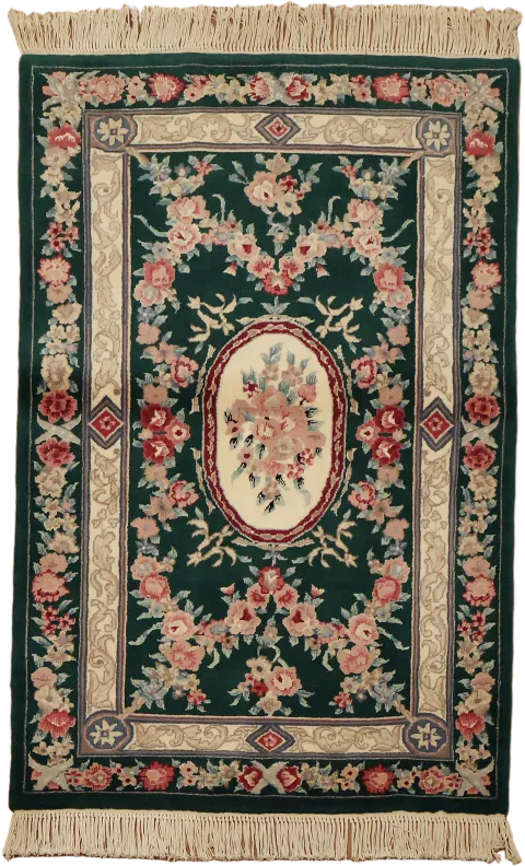 Green Floral Wool Aubusson Oriental Rug 3x5