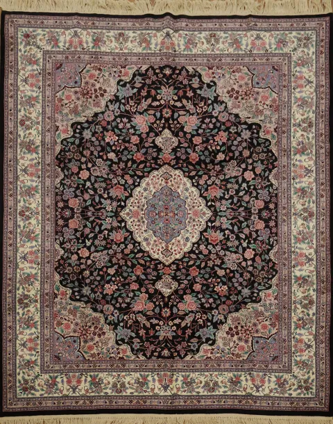 Black Oriental Floral Wool Tabriz Oriental Area Rug 8x10