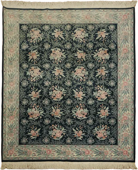 Elegant Floral Motif Forest Green Traditional Hand-Knotted Rug 8x10