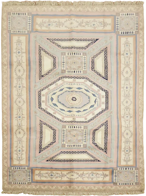 Art Deco Chinese Grey Blue Pink geometric rug with soft pastel tones 9x12