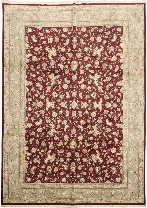 Wool and Silk Persian Floral Maroon Rug with Intricate Border Design 10x14