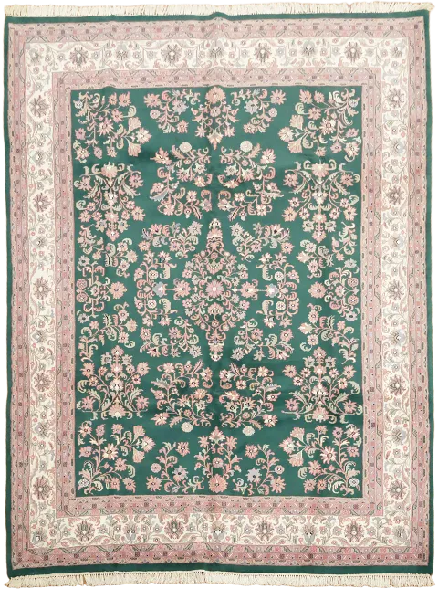 Floral Design Emerald Green Rug with Rich Ivory and Pink Borders 9x12