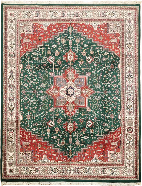 Traditional Hunter Green and Red Oriental Rug with Detailed Geometric Borders 9x12