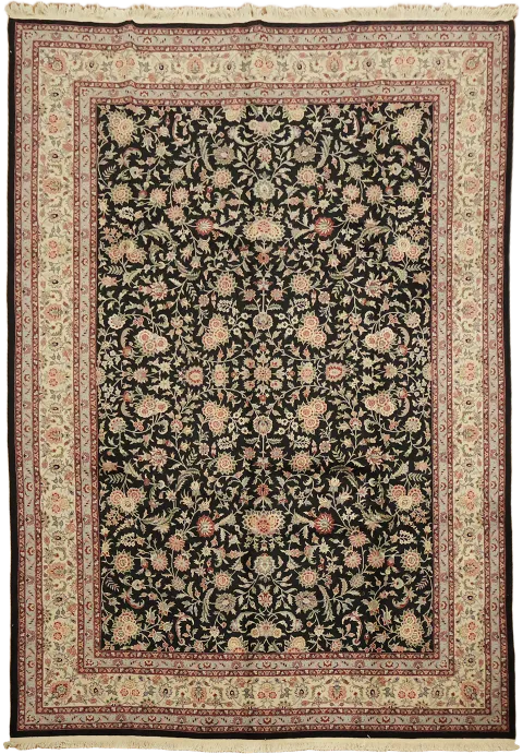 Black Floral Wool Kashan Oriental Large Rug 10x14