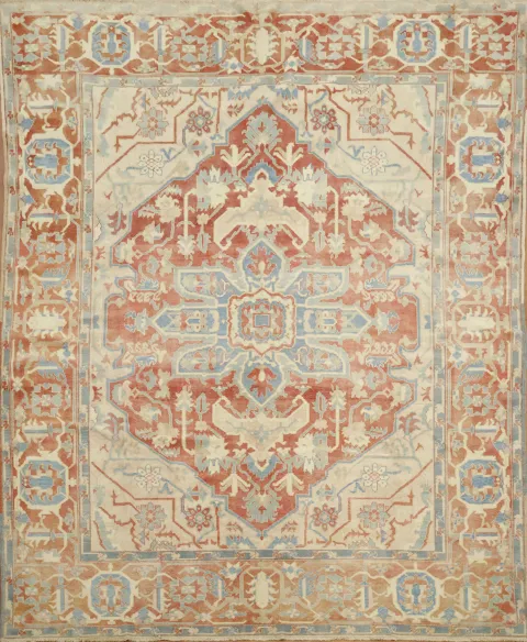 Distressed Vintage Geometric Wool Heriz Persian Rug 8x9