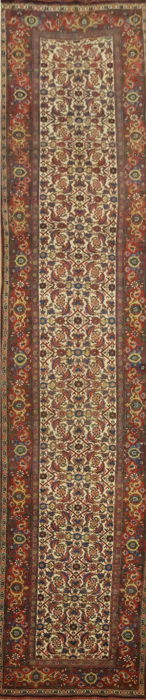 Antique Vegetable Dye Wool Bidjar Halvaie Persian Runner Rug 4x18
