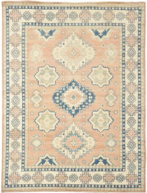 Traditional Kazak Geometric Rug in Soft Peach Terracotta and Blue Shades 8'x11'