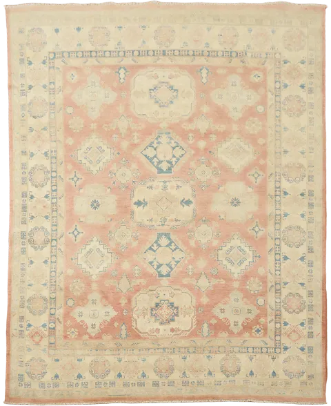 Traditional Salmon Red Kazak Geometric Area Rug in Warm and Subtle Tones 8'x10'