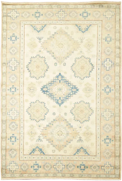 Exquisite Ivory and Blue Kazak Geometric Rug 7'x10'