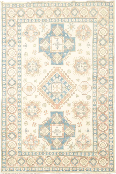 Classic Pastel Toned Kazak Area Rug with Intricate Geometric Design 7'x10'