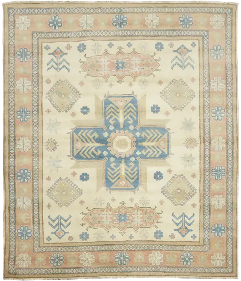 Elegant Cream and Salmon Border Kazak Geometric Rug with Subtle Pastel Hues 8'x10'