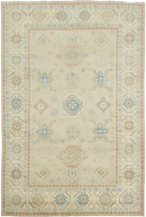 Traditional Light Grey Kazak Pakistani Rug with Delicate Blue and Orange Motifs 6'x9'