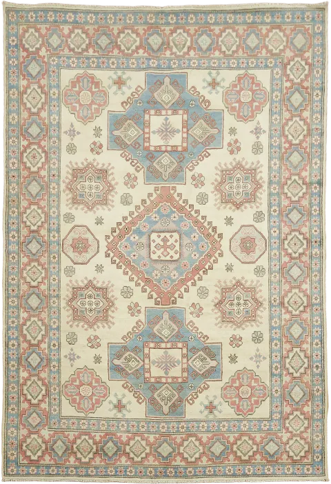 Ivory Kazak Traditional Pattern Rug in Soft Tones for Stylish Décor 7'x10'
