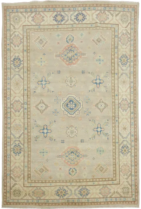 Classic Grey and Blue Kazak Pakistani Wool Rug 7'x10'