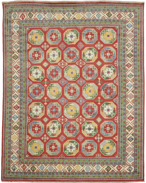 Vibrant Geometric Patterned Kazak Pakistani Hand-Knotted Rug 8'x10'