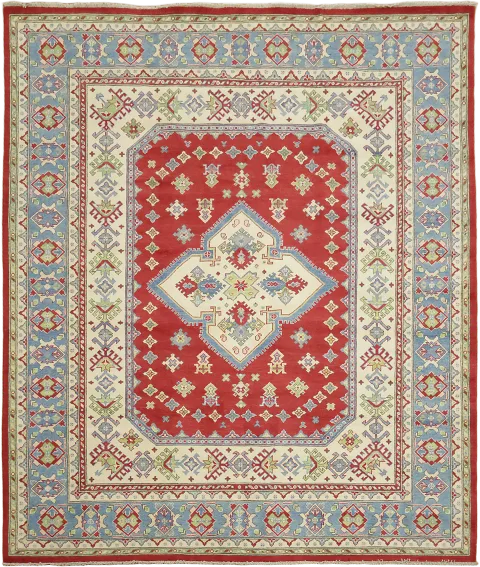 Red, Blue, and Ivory Geometric Pattern Kazak Pakistani Rug 8'x10'