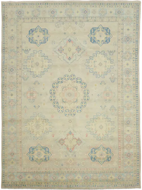 Luxuriate in Subtlety: Beige and Blue Classic Kazak Area Rug 9'x12'
