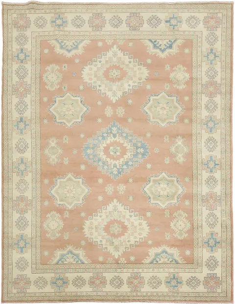 Traditional Muted terracotta/peach and Blue Kazak Pakistani Rug 8'x11'