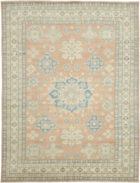 Elegant Peach and Blue Traditional Patterned Kazak Area Rug 8'x11'